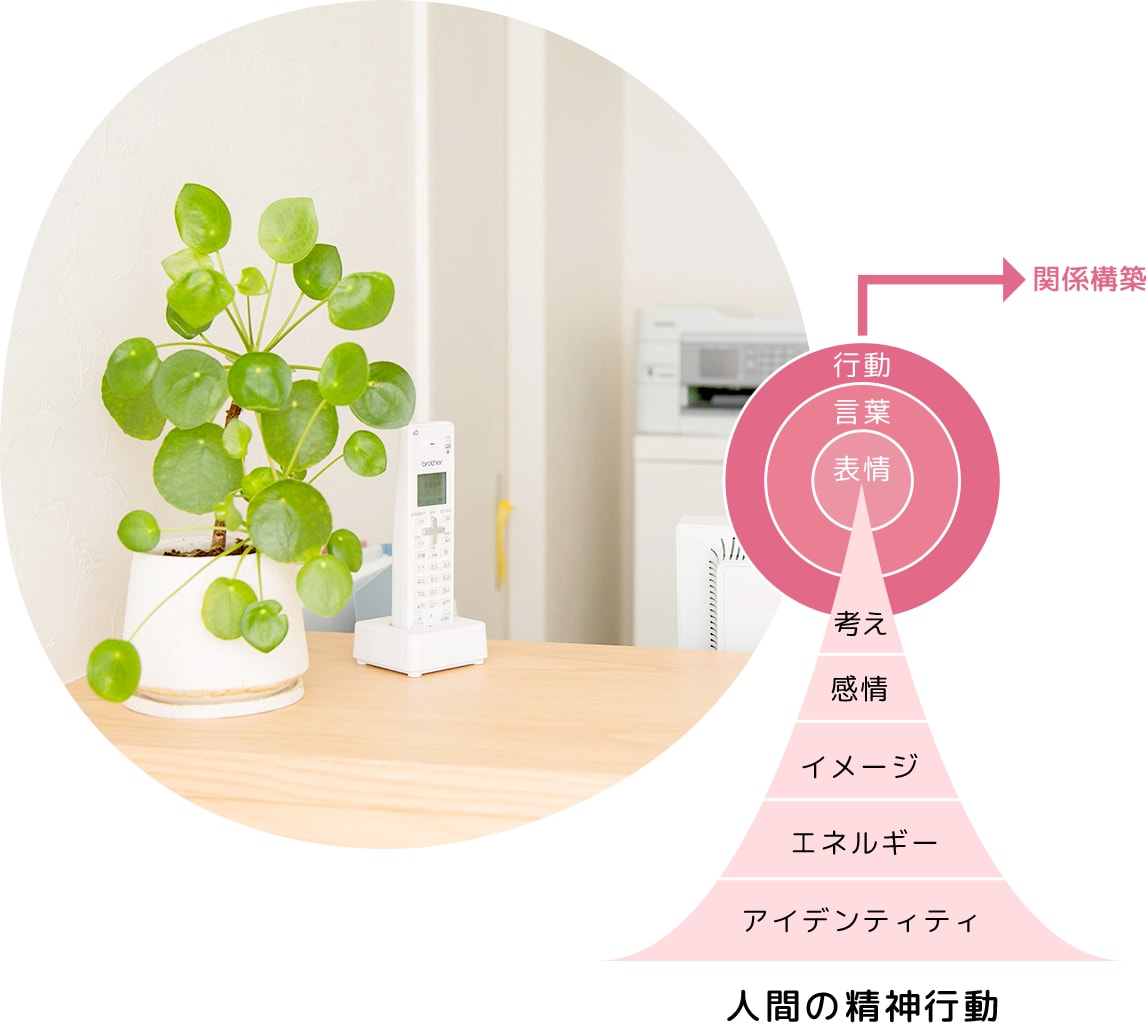 人間の精神行動 アイデンティティ エネルギー イメージ 感情 考え 表情 言葉 行動 →関係構築